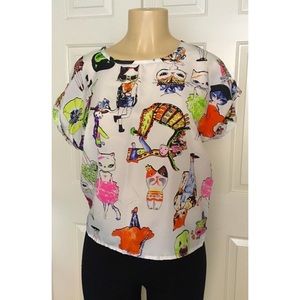 🌵 Funky Illustrated Cats Shell Blouse